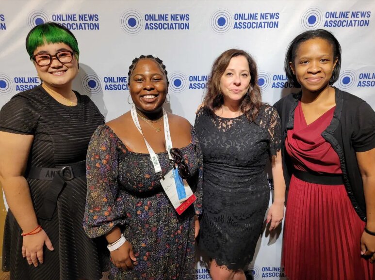Lisa Yanick Litwiller, second from right, with Charlie Hsing-Chuan Dodge (left), Ashley Clarke (second from left) and Janeen Jones (right), from the Public Integrity audience team, at the Online News Association's 2023 conference.